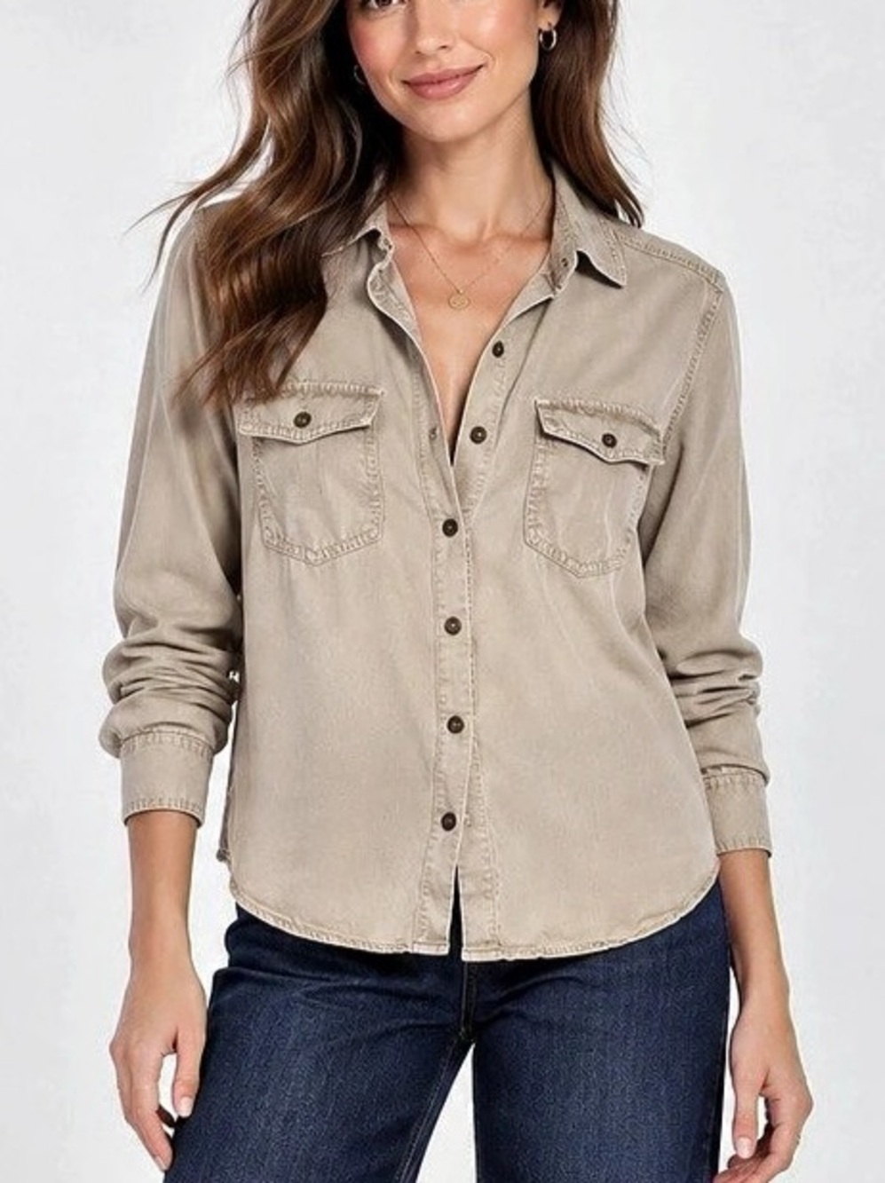 Halogen Beige Tencel Utility Button-Up Shirt – Medium